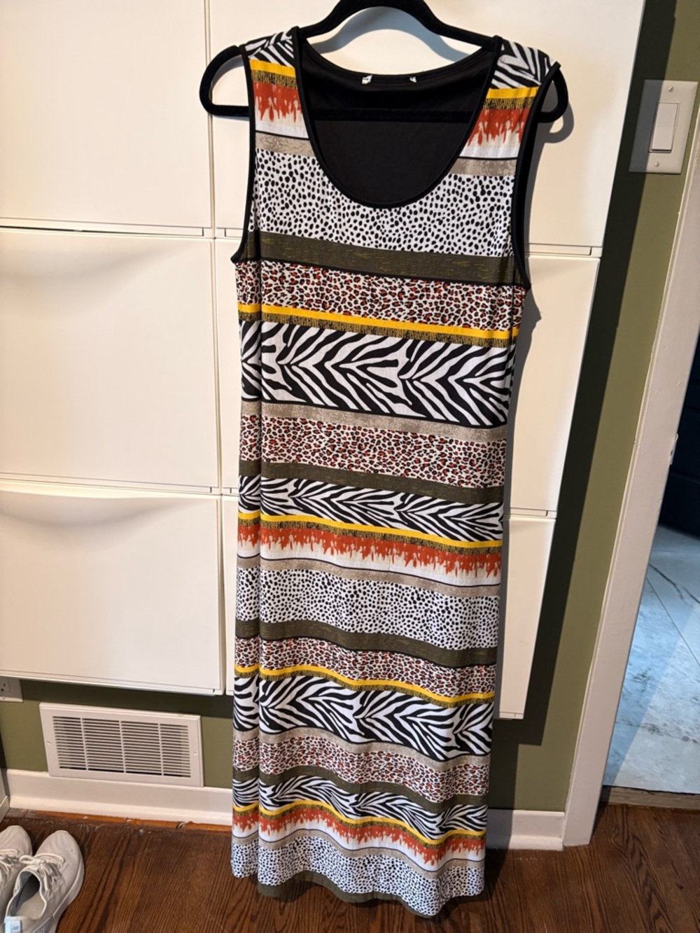Sleeveless Animal-Print Maxi Dress in Black & White with Yellow Accents